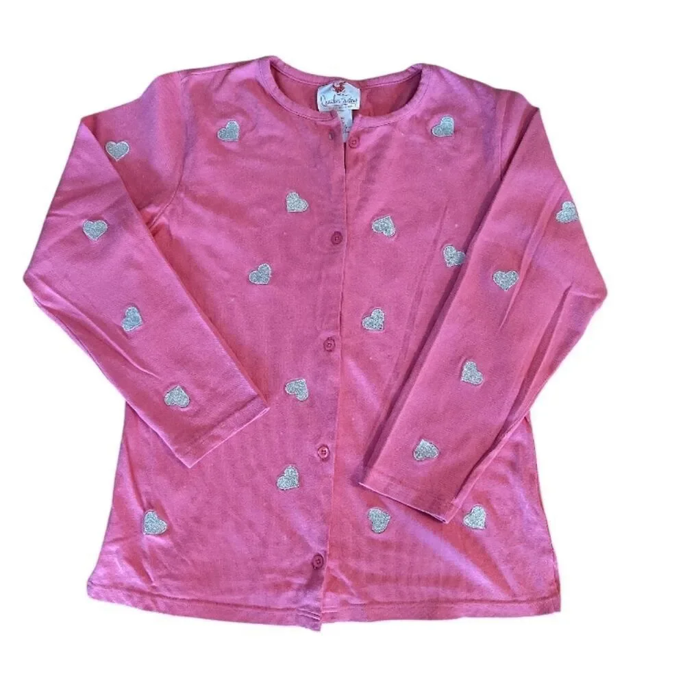 Quacker Factory VTG Pink Glitter Hearts Button Front‎ Cotton Cardigan Med